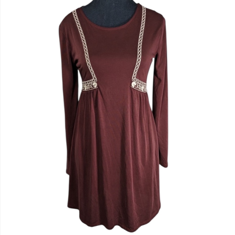 Altar'd State Long Sleeve Maroon Dress with Embroidered Design Size Medium